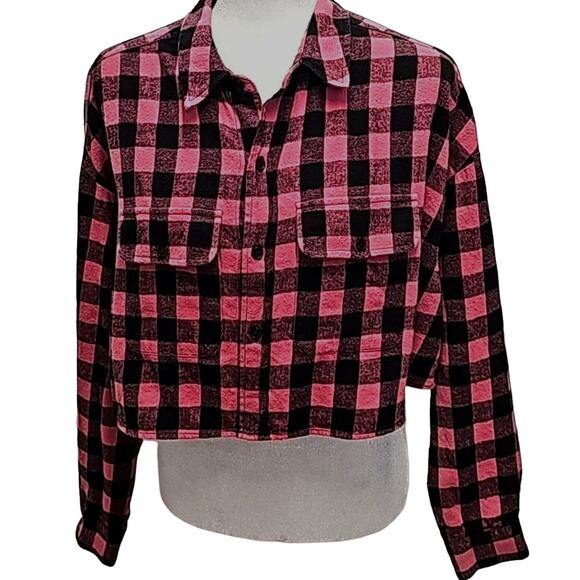 Adaptation Black and Pink Cropped Flannel Shirt Oversized 2 Pockets Women Sz S - Picture 1 of 11